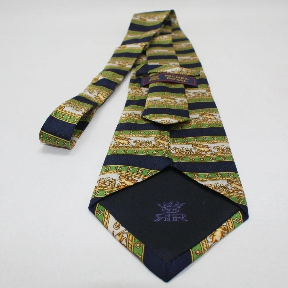 Richel Royal Mens Silk Tie Navy Green Gold Griffin Baroque Hand Made Spain
